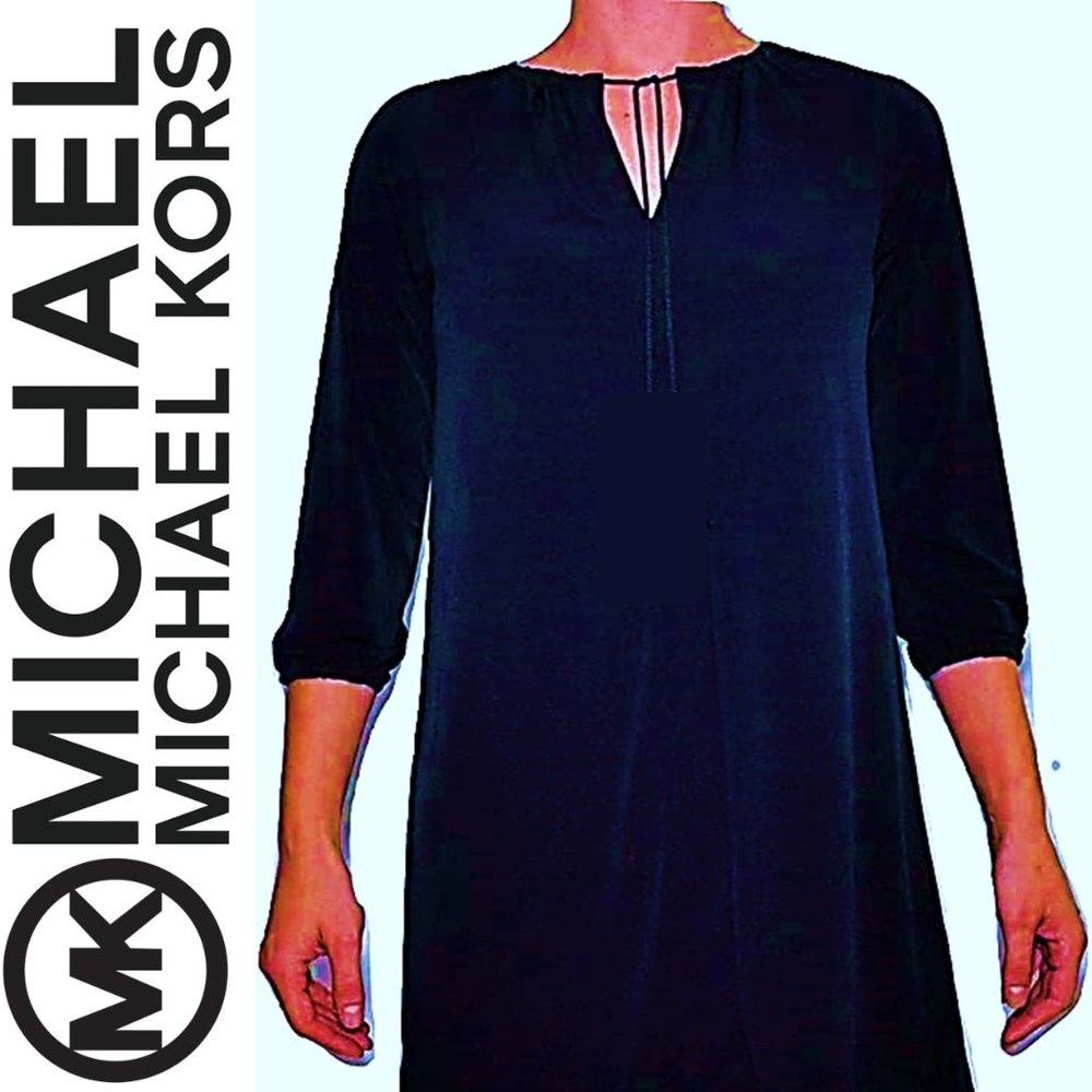 🌸 MICHAEL KORS NAVY BLUE KEYHOLE TIE SHEER LINED SHIFT DRESS FLATTERING PLUS 1X